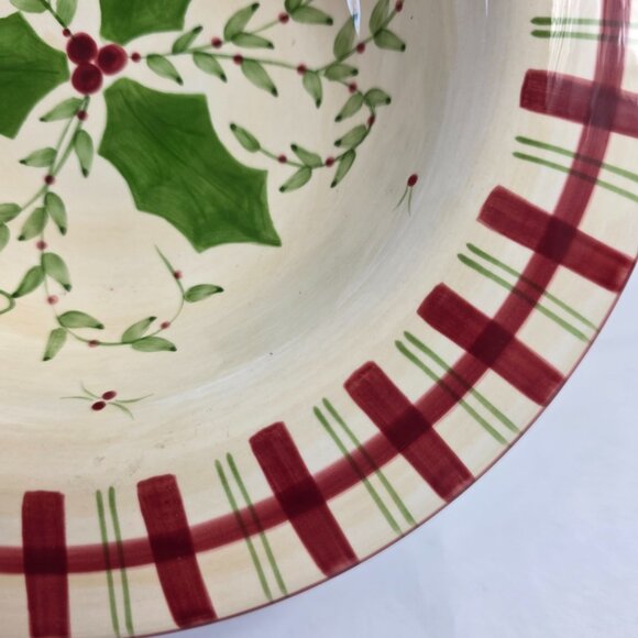 Los Angeles Pottery Laurie Gates Holiday Soup Bowl Green & Red Holly & Plaid - Picture 6 of 15